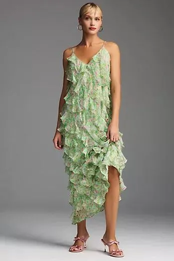 BHLDN Jia Printed Bias-Cut Ruffled V-Neck Gown