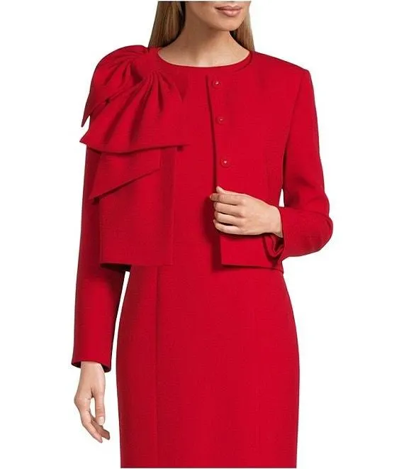 Brittani Crepe Oversized Bow Front Crew Neck Long Sleeve Snap Front Coordinating Jacket