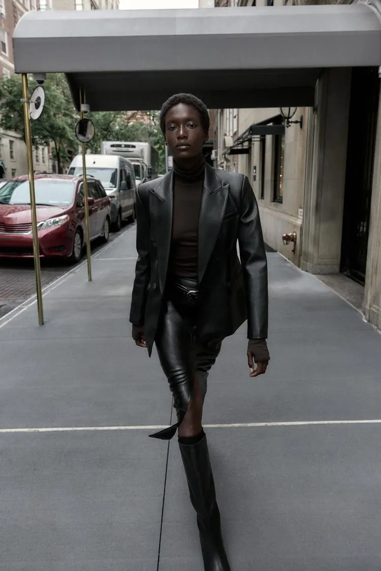 FAUX LEATHER DOUBLE BREASTED BLAZER