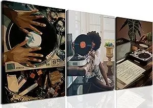 Black Girl Wall Art Decor Modern Black Woman Painting Prints, Set of 3 African American Music Record Player Poster Canvas Artwork for Bedroom Living Room 12x16 inch Framed