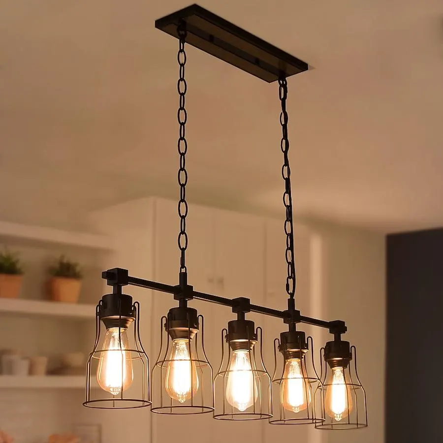LNC Kennild 5 -Light Matte black and brown wood tone Farmhouse Linear Large Hanging Kitchen island light