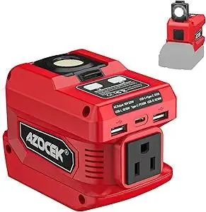 220W Azocek Power Inverter Compatible with Milwaukee 18V Battery, DC 18V to AC 110V Portable Power Station with 1 AC Outlet, 2 USB Ports & 1 Type-C Fast Charging, 400LM LED Work Light