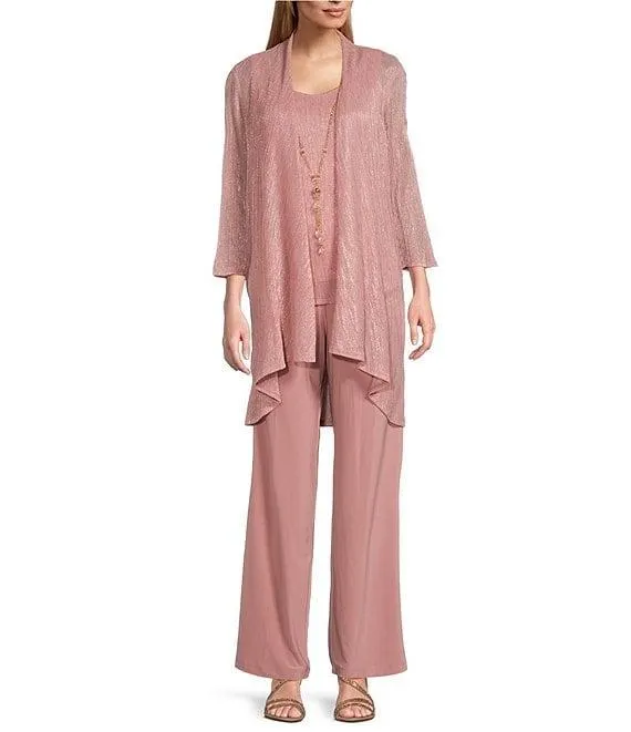 Pleated Crinkle Metallic Scoop Neck 3/4 Sleeve 3-Piece Pant Set