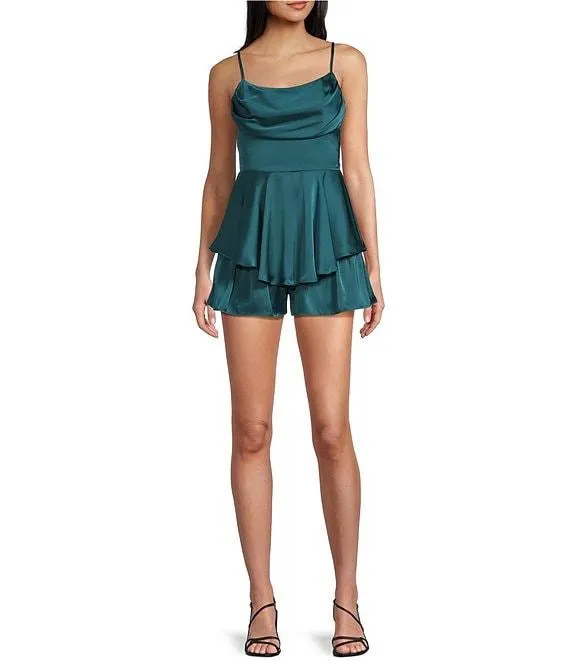 Spaghetti Strap Drape Front Bodice Tiered Bottom Romper