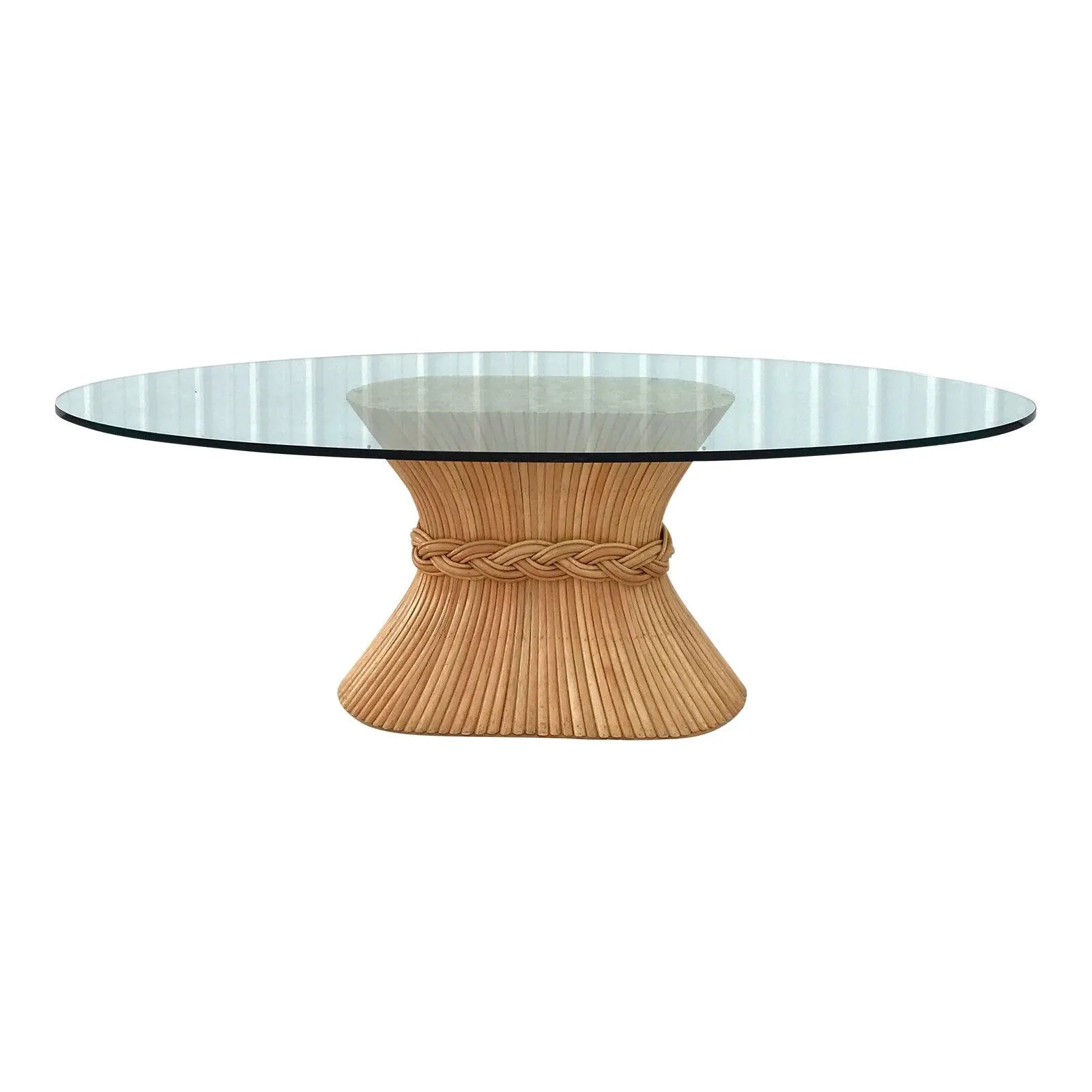 1970s Coastal McGuire Sheaf of Wheat Bamboo Pedestal Oval Glass Dining Table Signed