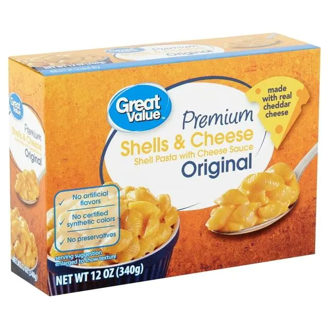 Great Value Premium Original Shells & Cheese, 12 oz Box (Shelf Stable Packaged Meals)