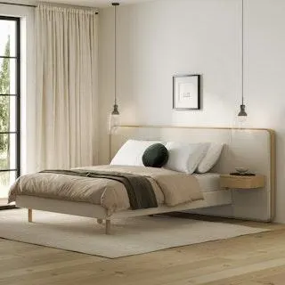 Bjorn Queen Upholstered Bed with Nightstands Set - White Oak and Ratine Ivory