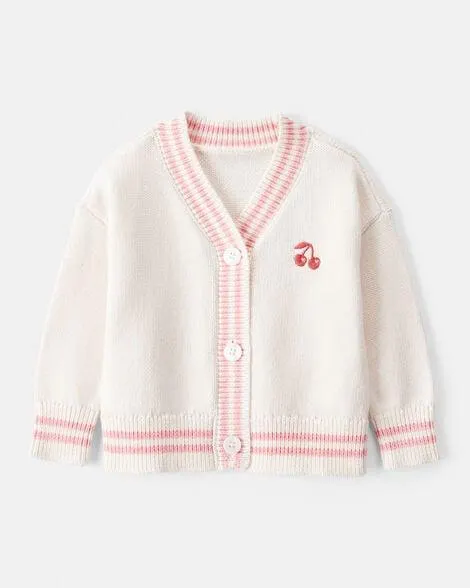 Baby Girl Cherry Cotton Long-Sleeve Sweater - White