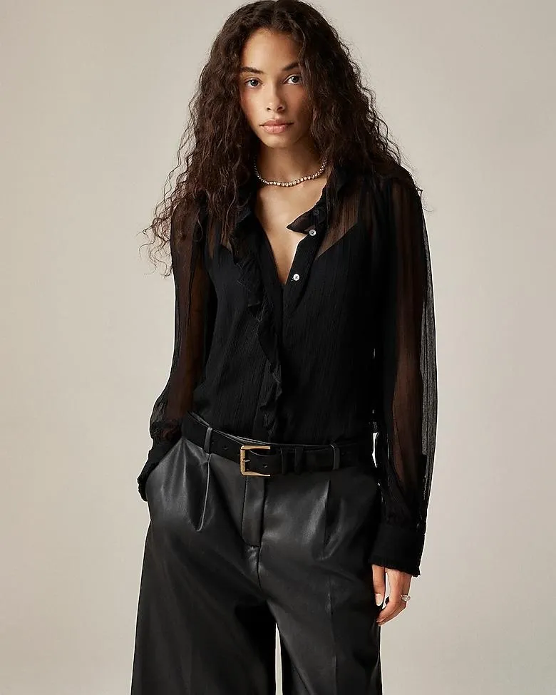 Ruffle button-up shirt in crinkle chiffon