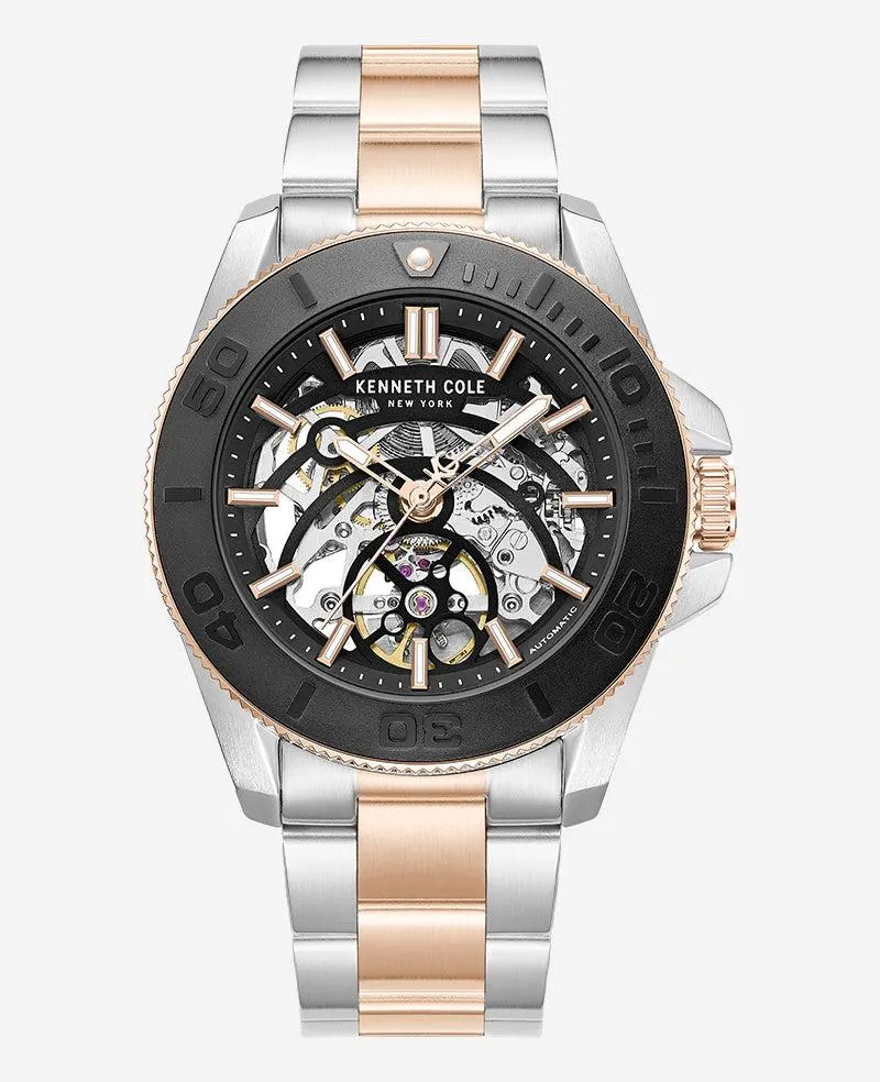 Skeleton Automatic Black Contrast Dial Two Tone Bracelet Watch -