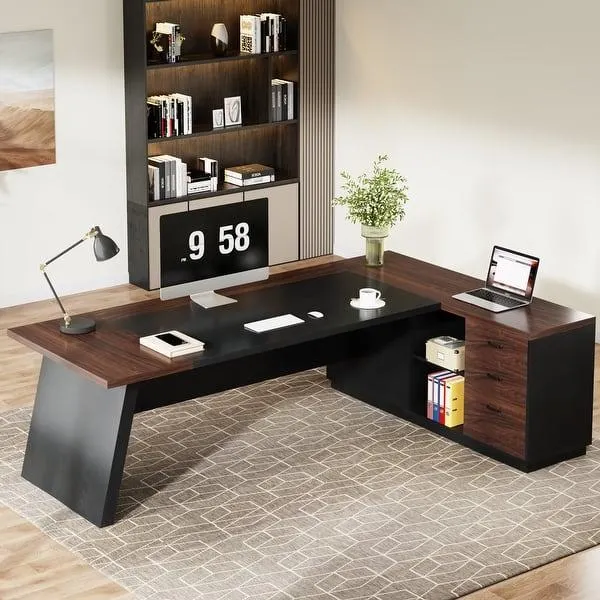 78.7-inch L Shaped Executive Desk with Drawers and Lateral File Cabinet