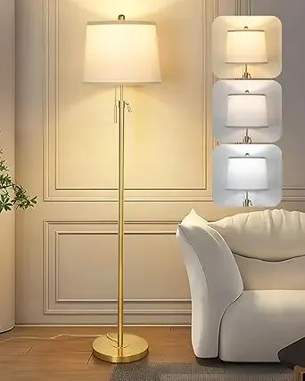 Gold Floor Lamp for Living Room, Tall Standing Lamp 55-65" Adjustable Modern Brass Floor Lamps for Bedroom Reading Office Kids 3 Color Lights Corner Night Stand (9W LED Bulb, White Shade)