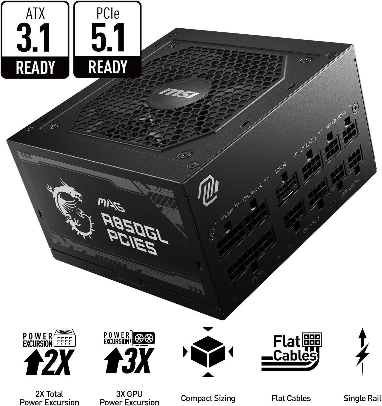 MSI - MAG A850GL PCIE5, 80+ GOLD Fully Modular Gaming PSU, 12V-2x6 Cable,ATX 3.1 & PCIE 5.1 Ready, 850W Power Supply, 10 Year Warranty