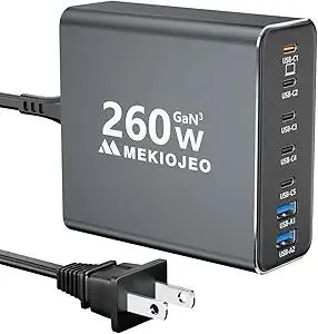 Aluminum Alloy 260W USB C Charger GaN Fast USB C Charging Station 7 Ports 65W Laptop Charger for MacBook Pro/Air/iPad Pro/iPhone (Gray)