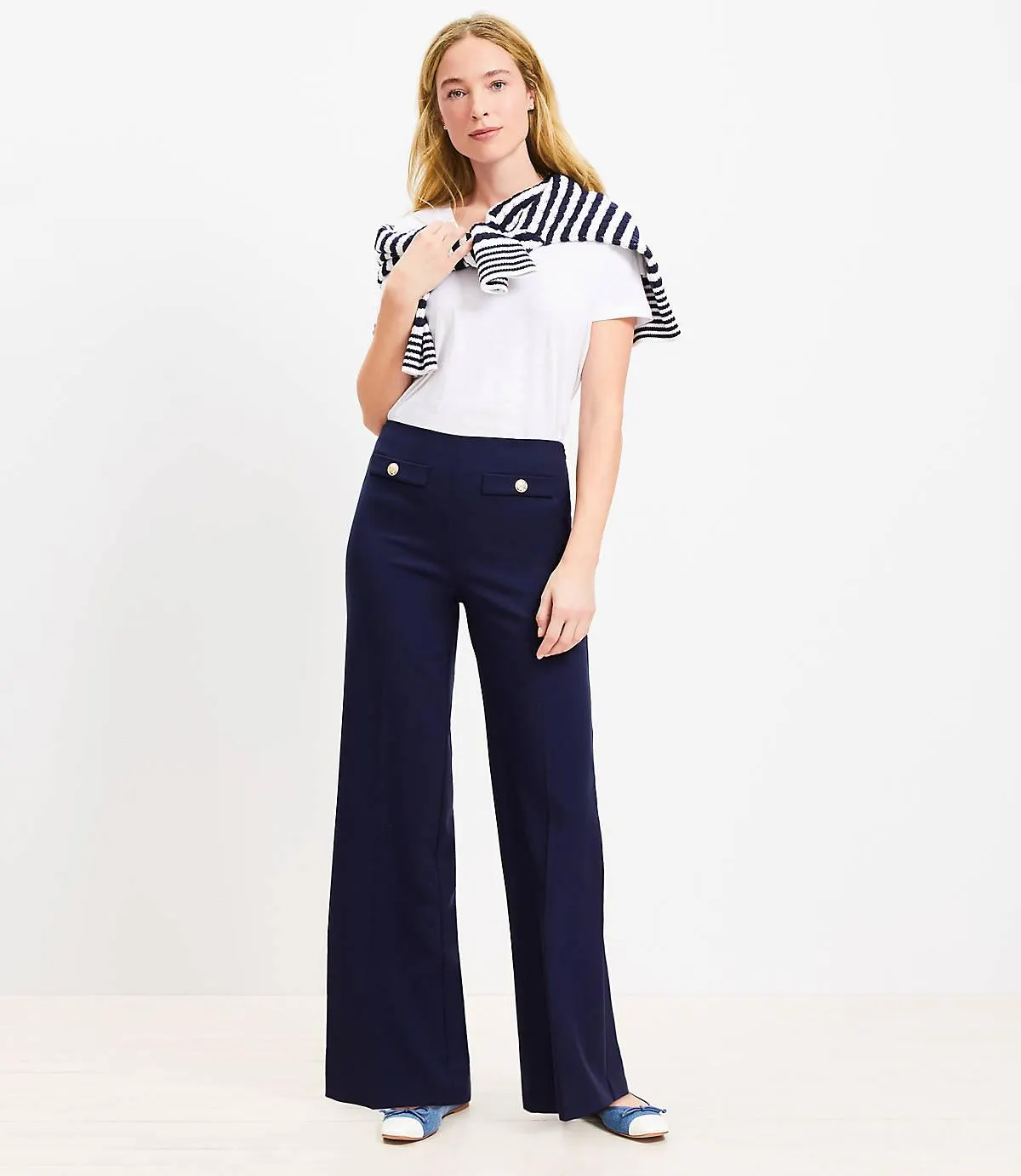 Button Trim Wide Leg Pants in Twill