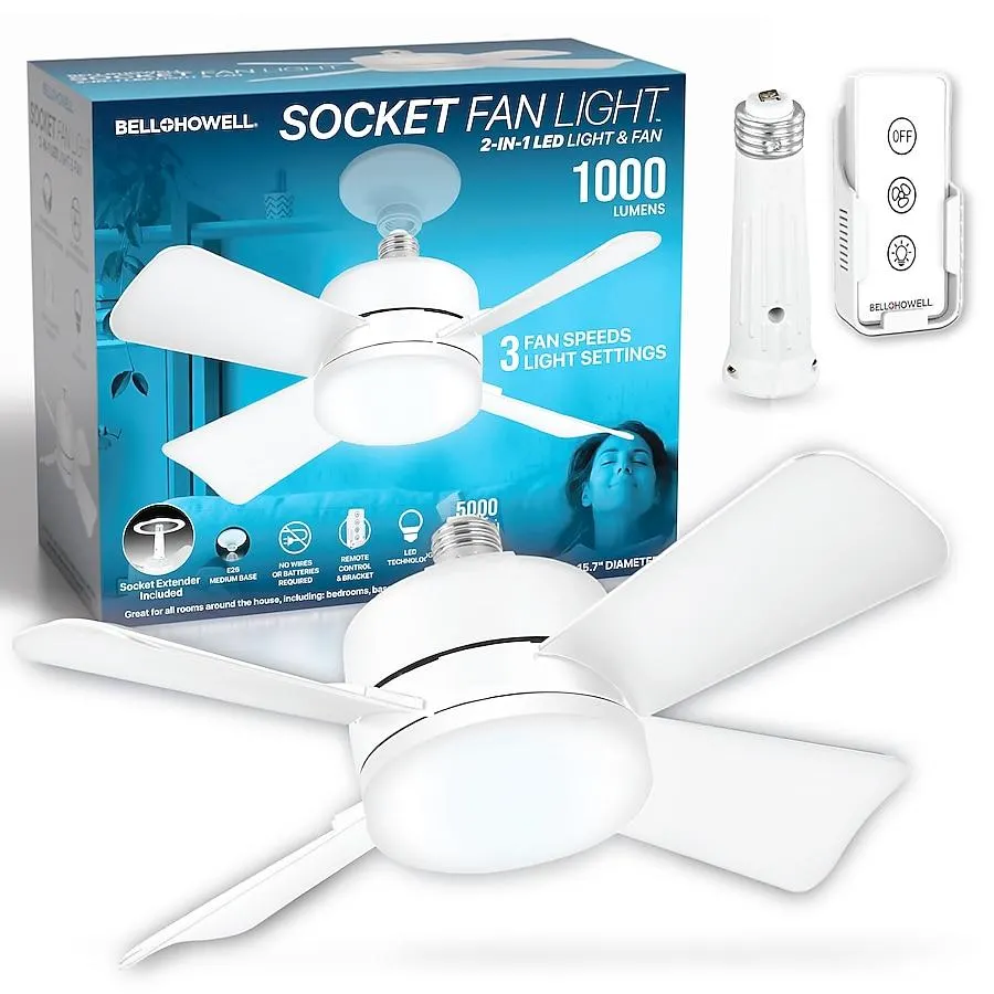 BELL + HOWELL Socket Fan 15.7-in Flush Mount White with White Blades Light socket Ceiling Fan With Light - Remote Included ( 4 -Blade )