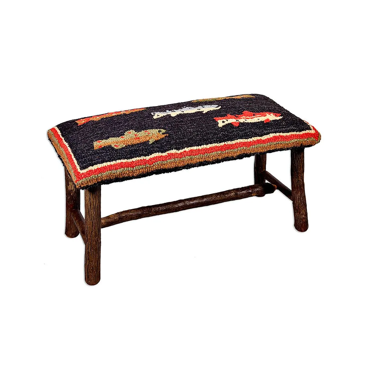 Medium River Fish Hand-Hooked Wool and Hickory Bench