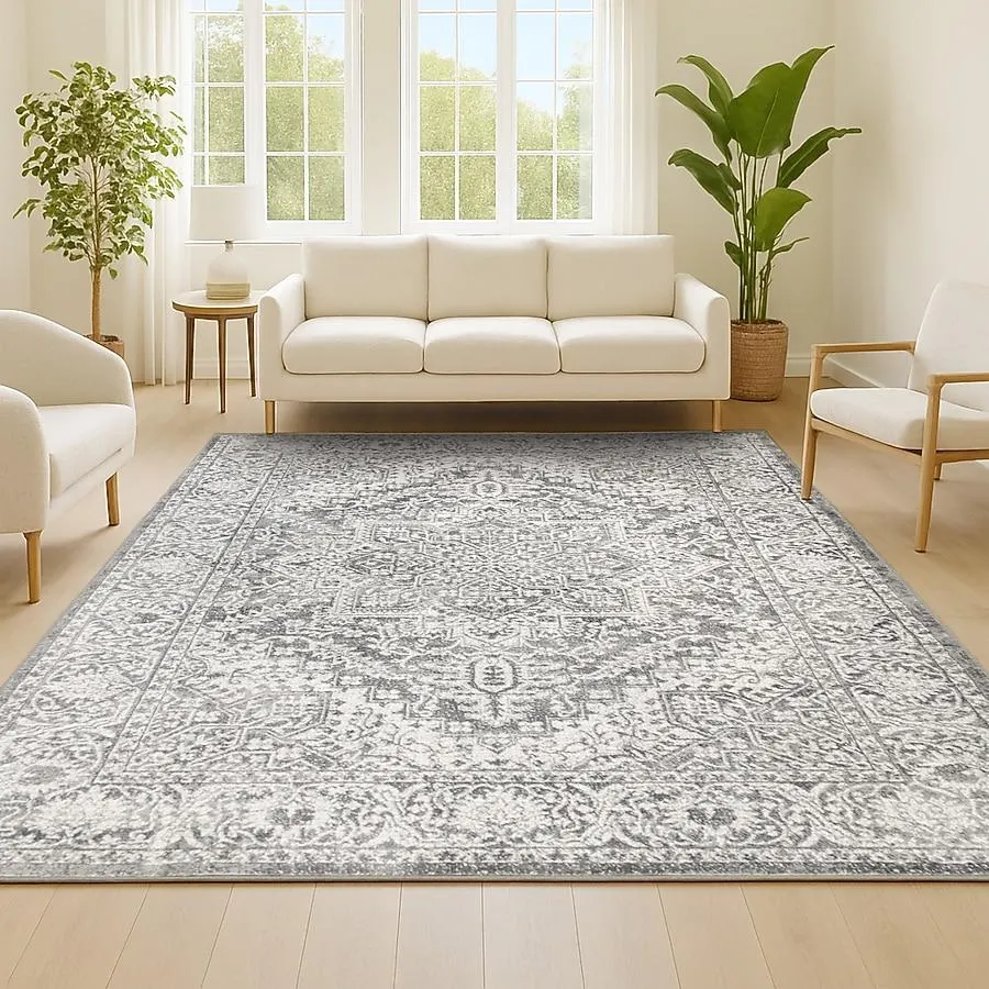 JONATHAN Y MODERN PERSIAN Vintage 8 x 10 (ft) Loomed Light Grey Rectangular Indoor Medallion Persian Area rug Pet Friendly