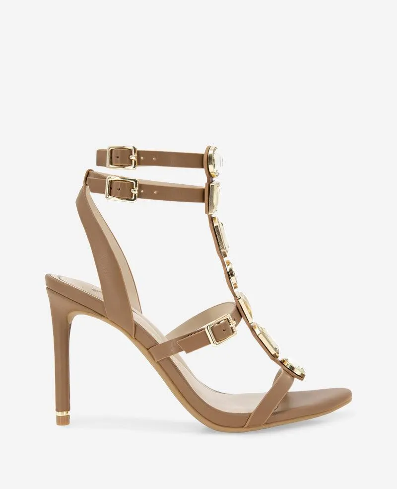 Lilath Jewel Leather Strap Heel - BROWN
