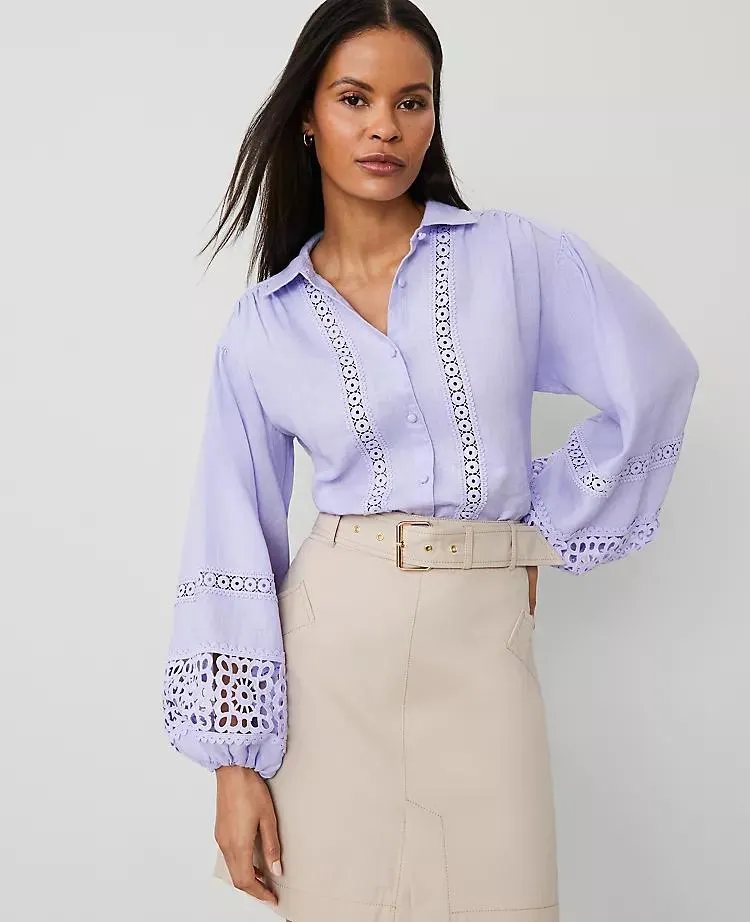 Embroidered Linen Puff Sleeve Blouse