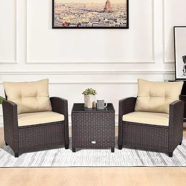 Outdoor 3-piece Cushioned Rattan Patio Furniture Conversation Set