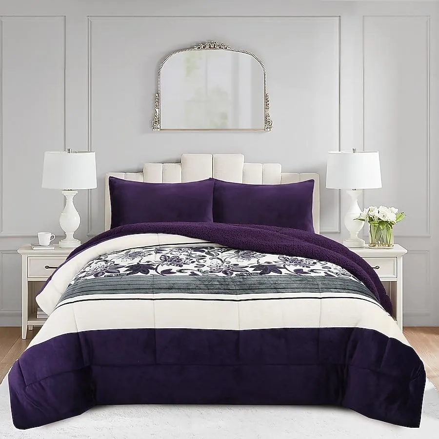 MarCielo ME531 3-Piece Soft Micromink Fluffy Ultra Cozy Sherpa King Size Comforter Set