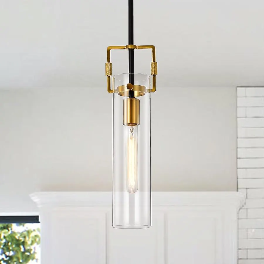 Edvivi Essence 1 -Light Black and Antique Gold Modern/contemporary Clear glass Cylinder Mini Hanging Pendant light