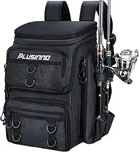 PLUSINNO Fishing Backpack With Rod Holder, 42L Water-Resistant Fishing Gear Tackle Box Backpack, Fishing Tackle Bag For Men