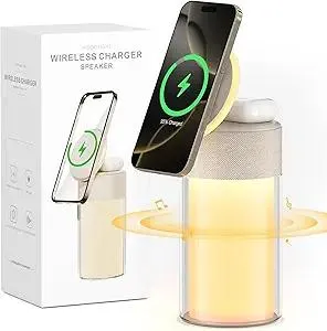 FREEFISH Magnetic Wireless Charger, 4 in 1 Bluetooth Speakers with Night Light for iPhone TWS, Wireless Charging Stand for Bedroom Home Office Gifts
