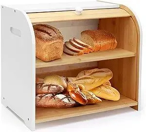 Bread Box for Kitchen Countertop, Double Layer Bamboo Bread Storage Container for Homemade Bread, Roll Top Bread Box with 3 Adjustable Height for Kitchen Counter, White Breadbox Organizer