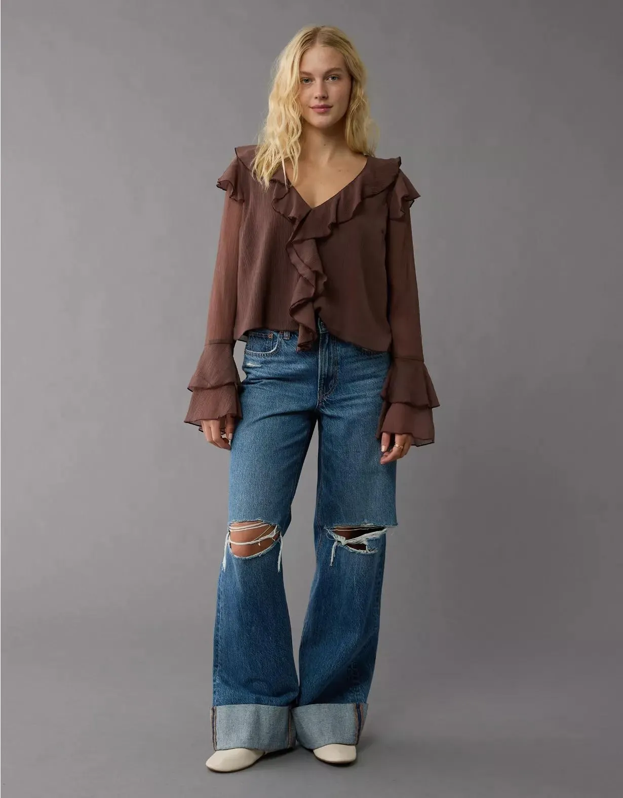 AE Long-Sleeve Chiffon Ruffle Blouse