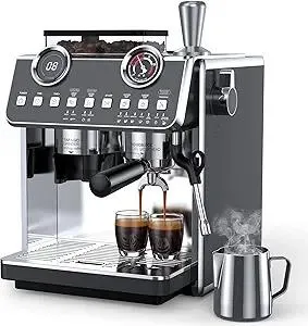 Espresso Machine with Grinder, 20 Bar Pressure Professional Coffee Maker with 30 Grinding Settings, 58mm Portafilte, Anti-scalding Milk Frother Steam Wand for Latte (IronGrey)