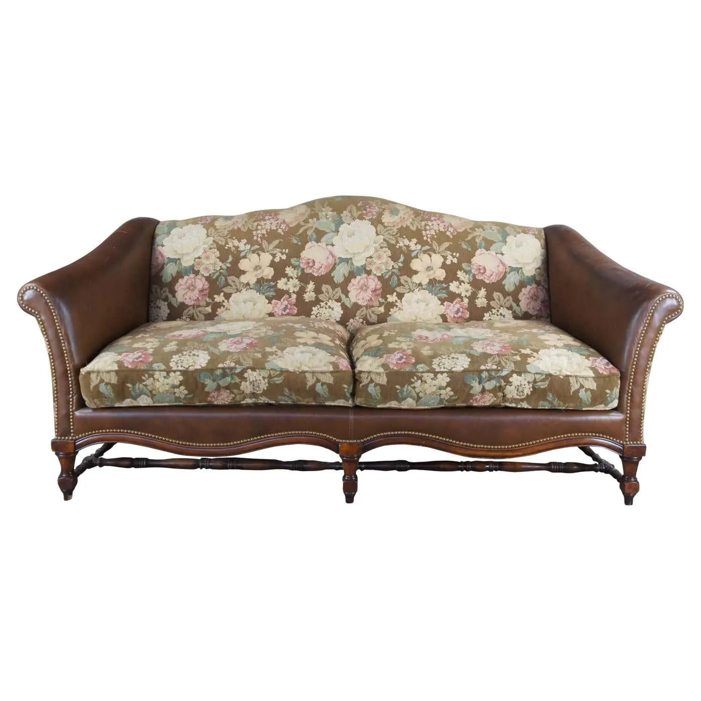 Vintage Sherrill Chippendale Style Mahogany & Leather Floral Upholstered Sofa