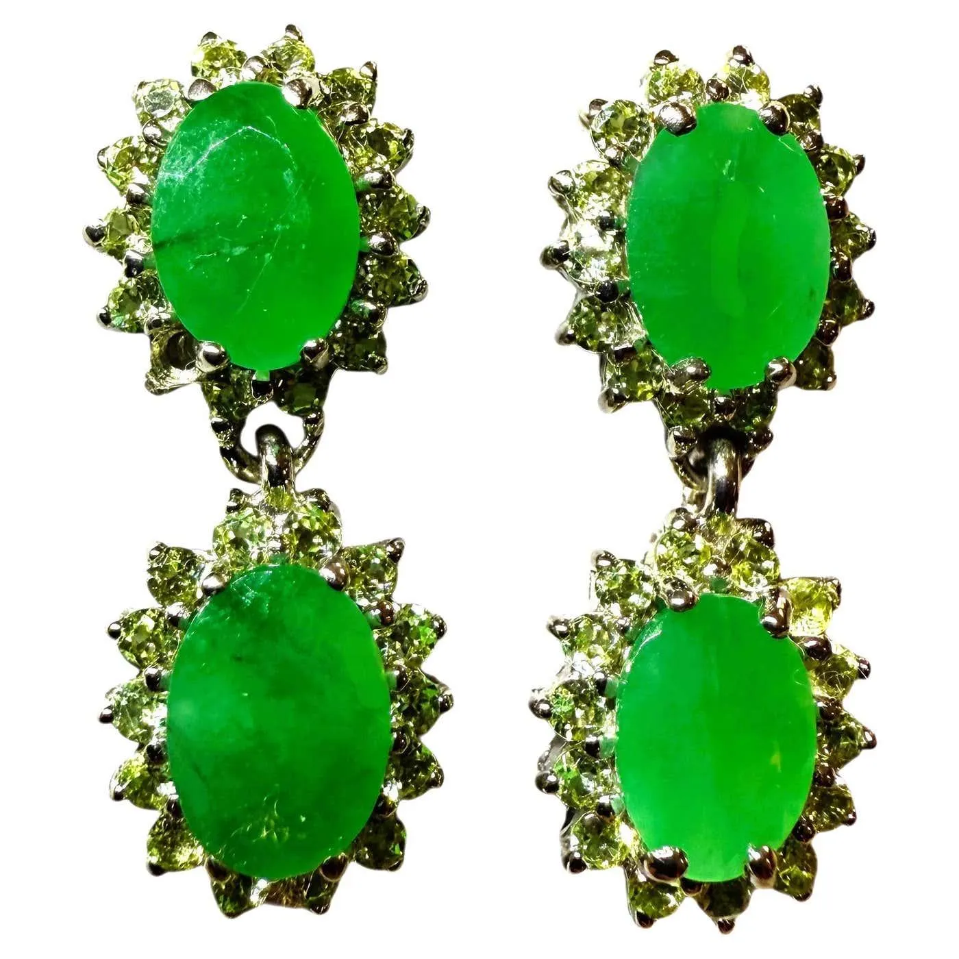 New 14k White Gold PL 3.04 Carat Emerald & Diamond Cut Sapphire Sterling Earring