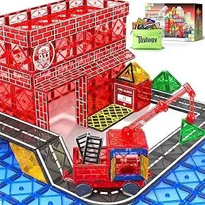 Magnetic Tiles Road Set with Magnetic Crane Edition, Magnet Building City Fire Kids Car Toys for 3 4 5 6 7 Years Old Boys Girls, Magworld Kids Games Construction STEM Toys for Boys Gifts