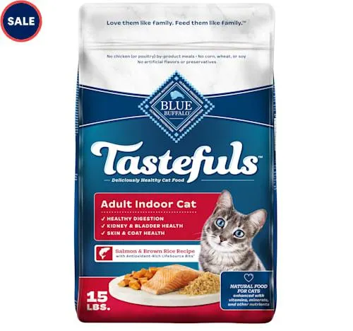 Blue Buffalo Blue Tastefuls Salmon & Brown Rice Recipe Natural Dry Food for Adult Indoor Cats, 15 lbs.