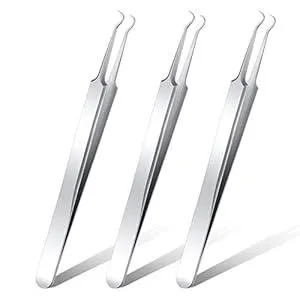Honoson 3 Pcs Blackhead Tweezer Stainless Steel Pimple Tweezers Extractor Tool for Remove Zit Whitehead Pimple Bend Curved Tweezer Skin Blackhead Remover Tools(Silver)