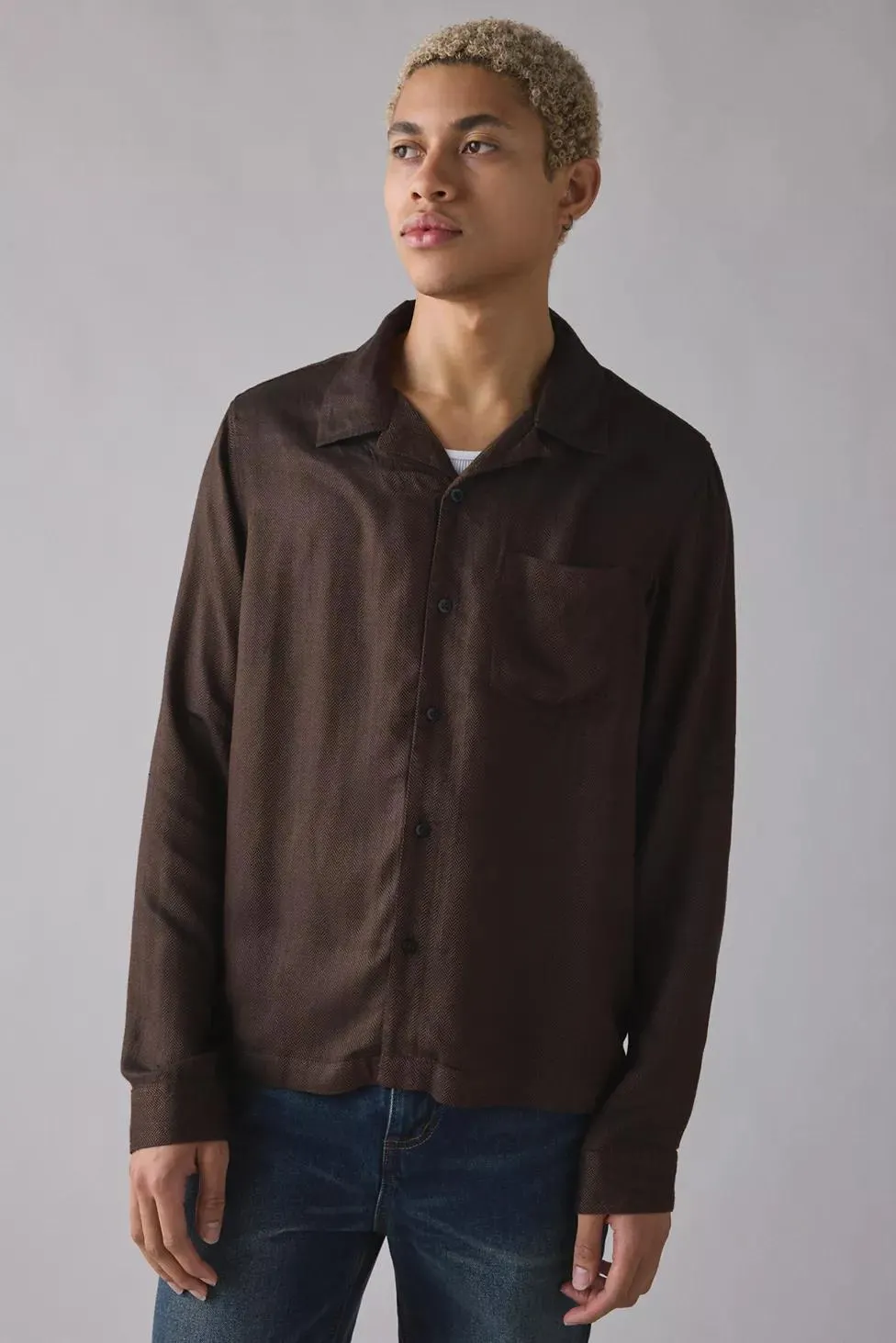 UO Herringbone Drapey Long Sleeve Shirt