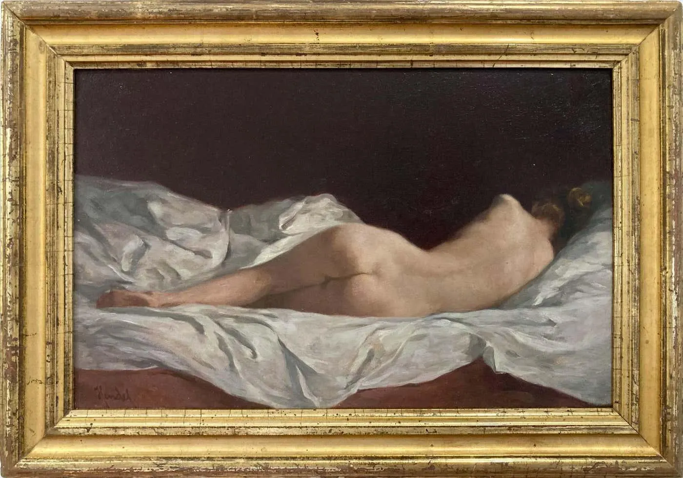 Unknown"Reclining Nude" Realist Interior Nude Female Figure Laying on Bed Oil Painting 19th Century