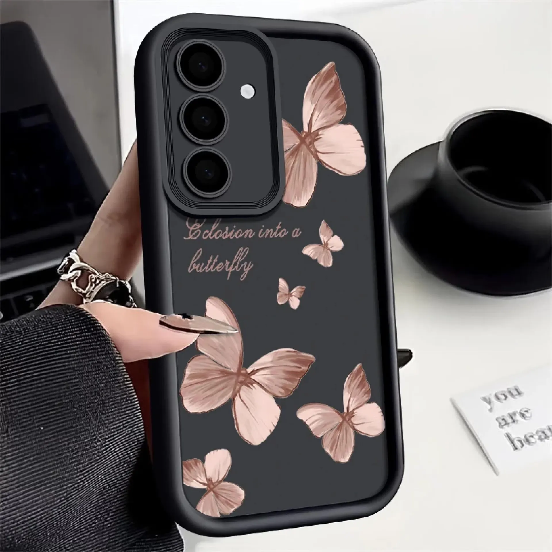 Funda de TPU suave con diseño de mariposa dorada para Samsung Galaxy A55, A54, A15, A14, A16, A35, A52, A53, A25, 5G, S24, S23, S22 Ultra Plus, S23 FE