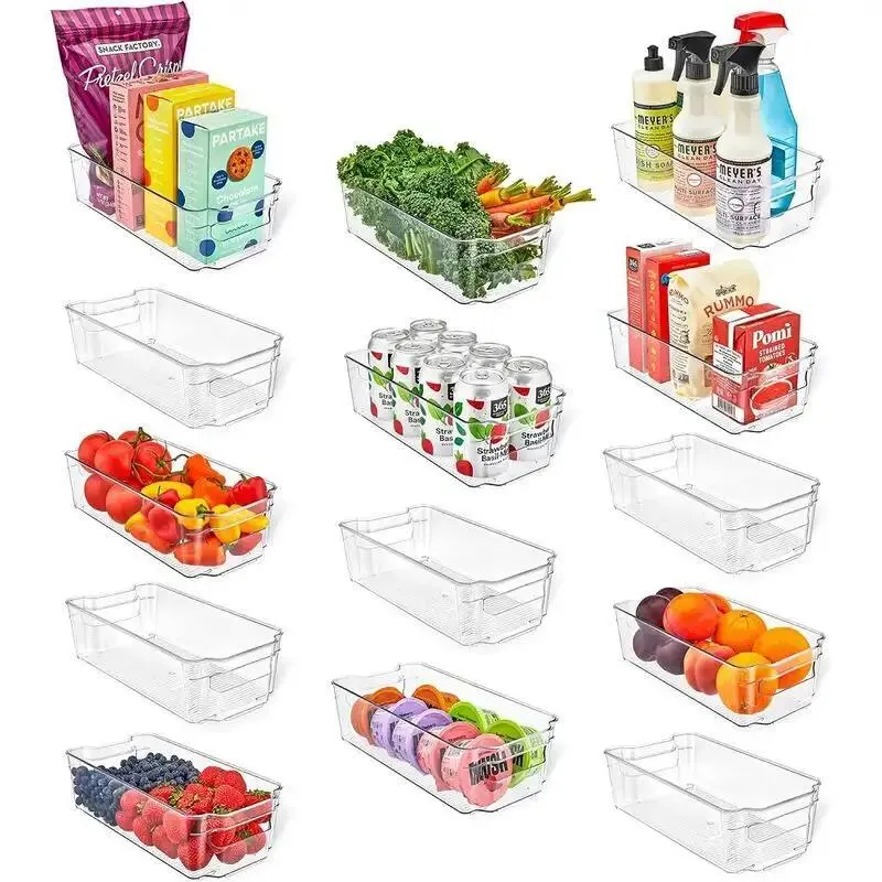 Multi-purpose Refrigerator Bins - 14 pieces Usable and Stackable Design Fridge Bin Organizer with Easy Grip Handles - Clear