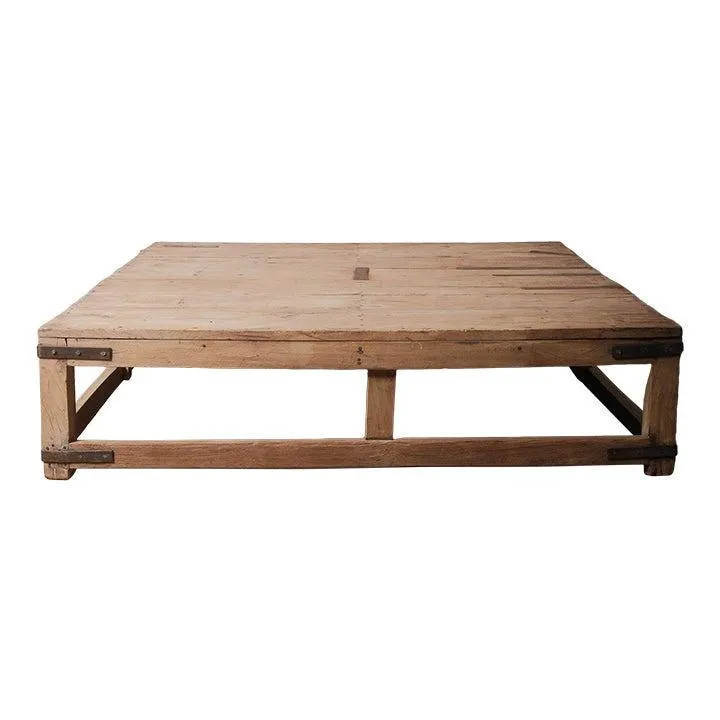 Vintage Industrial Low Wood Coffee Table With Iron Accents