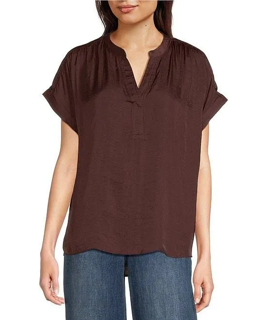 Moonshadow Satin Split Round Neck Dropped Short Roll Tab Sleeve Hi-Low Shirttail Blouse