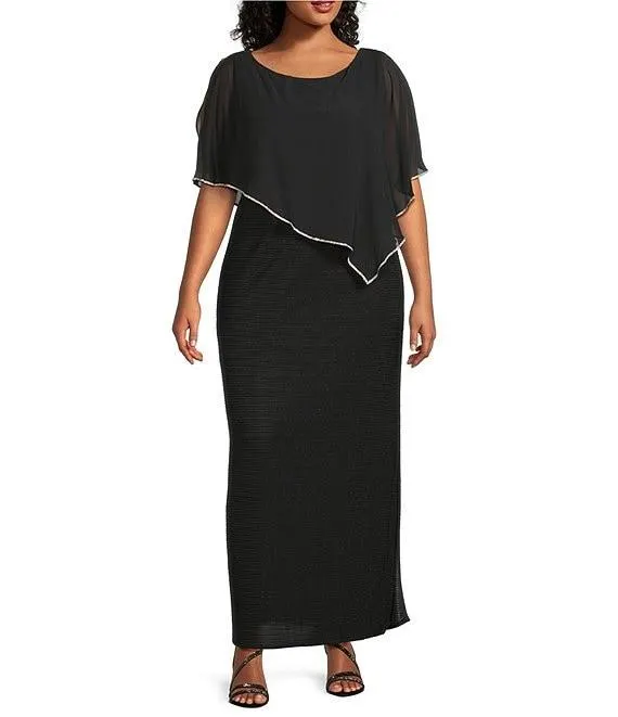Plus Size Chiffon Metallic Stripe Rhinestone Trim Poncho Dress