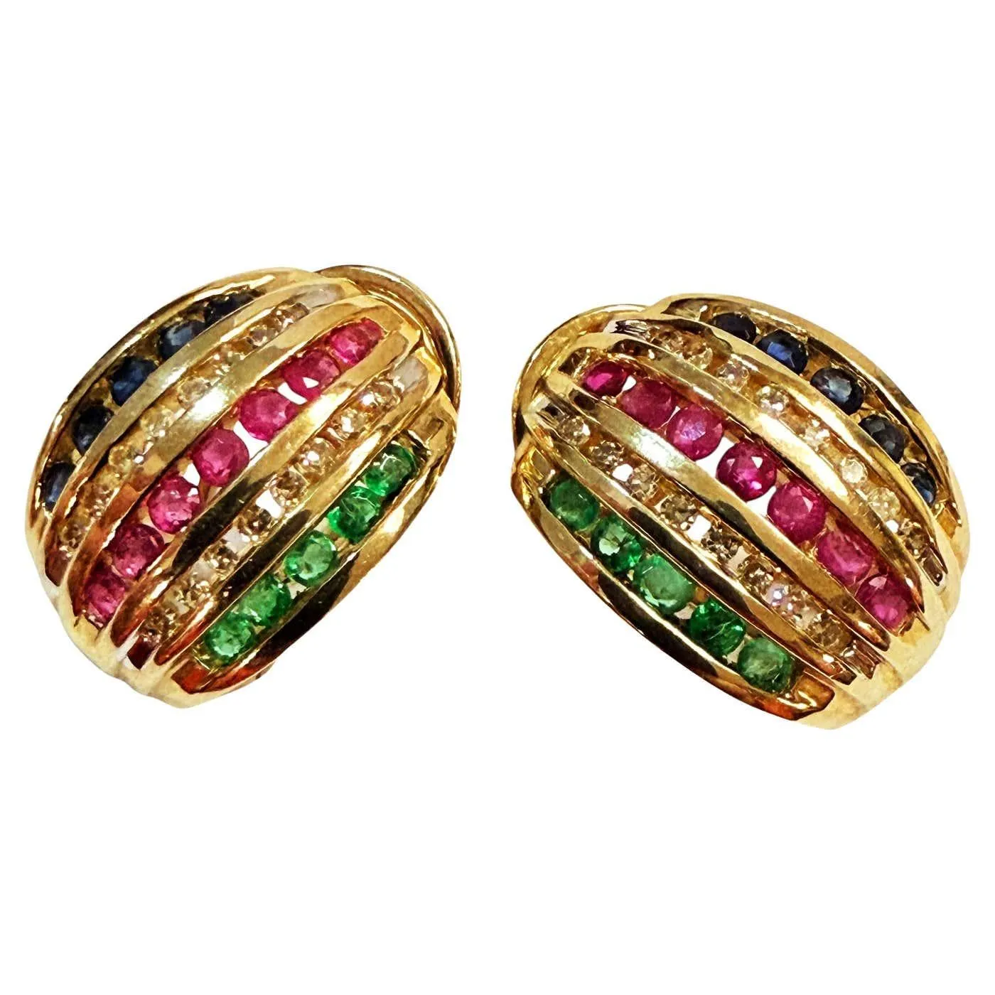 10k Yellow Gold 1.20 Carat Diamond, Emerald, Ruby, & Sapphire Omega Earrings