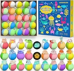 Bath Bombs for Kids with Surprise Toys Inside, 25 Pack Natural Bath Bombs with Glow in The Dark Sea & Land Animal Toys, Handmade Organic Safe Fizzy Salt Balls Gift Set for Boys Girls Toddlers