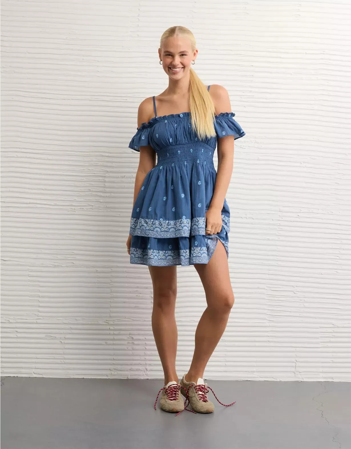 AE Off-The-Shoulder Smocked Mini Dress