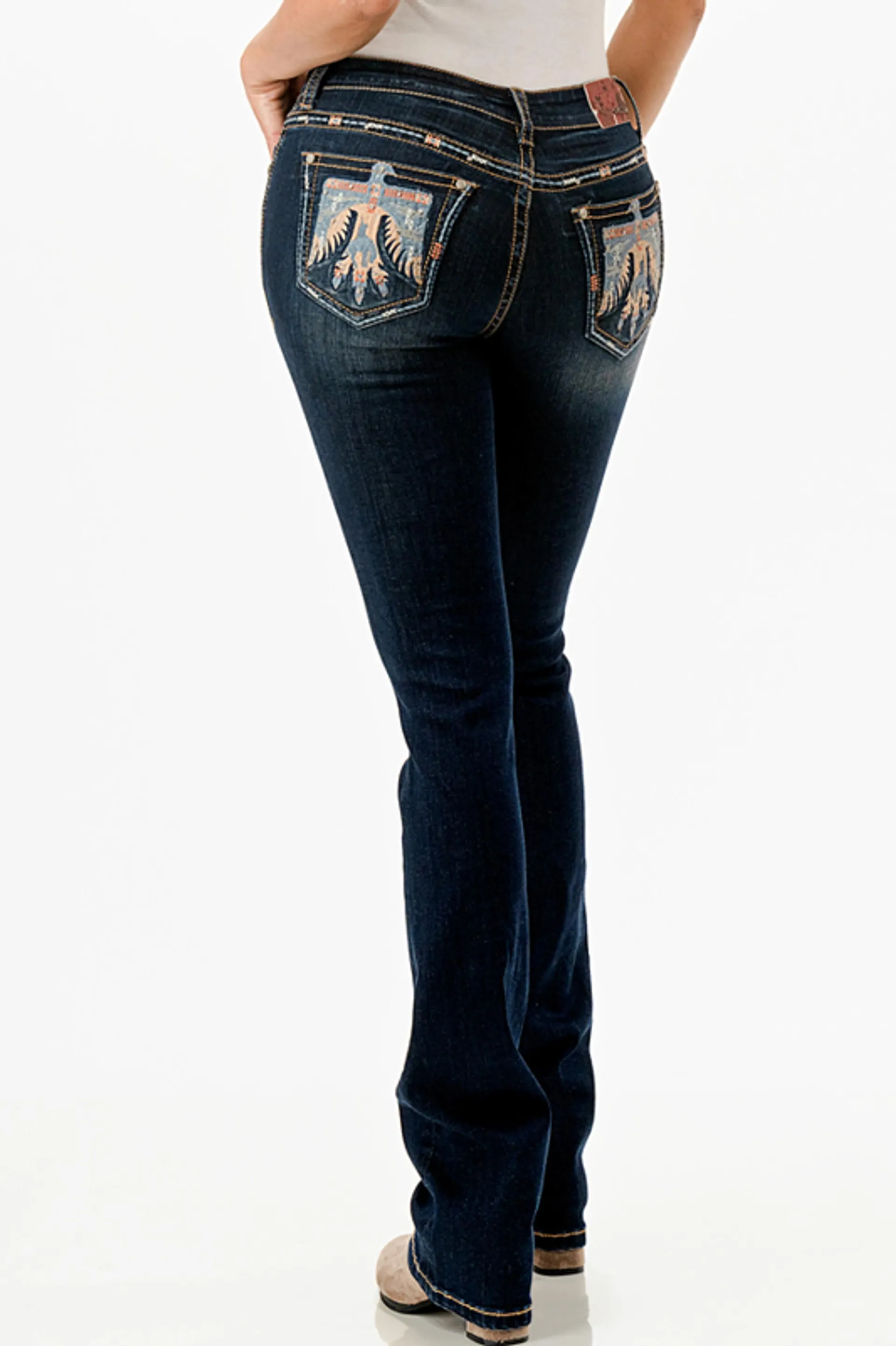 Grace in LA Ladies Colorful Eagle Embellished Mid Rise Dark Wash Denim Bootcut Jeans