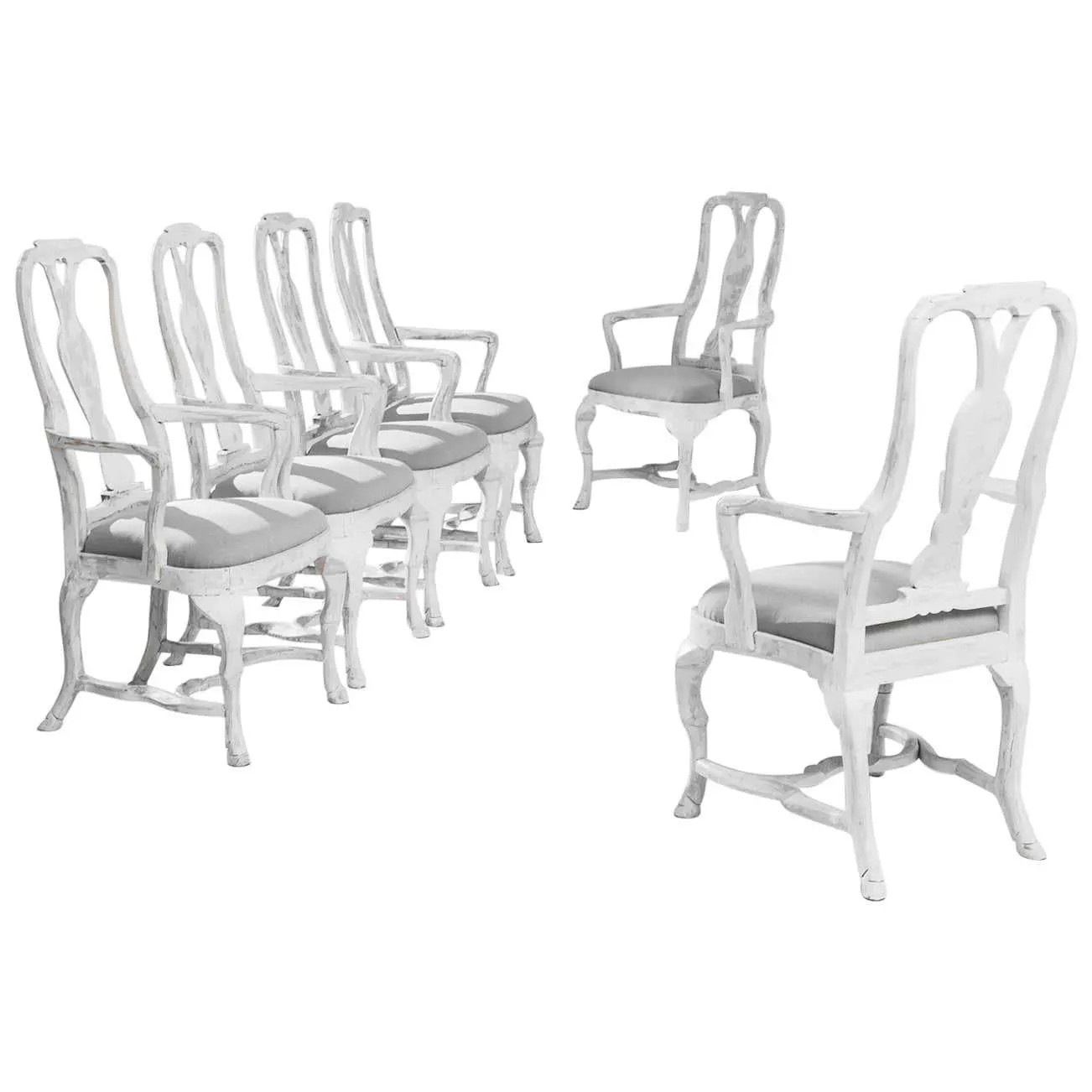 Vintage Swedish White and Grey Patinated Dining Chairs, Set of Six