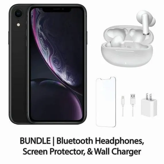 Restored Apple iPhone XR 64GB Black Fully Unlocked Bundle: Bluetooth Headphones, Screen Protector, & Wall Charger (Refurbished)